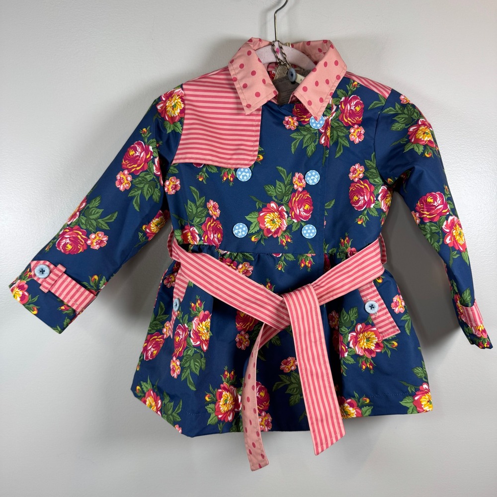 Matilda Jane Floral Trench Coat Girls 2T Navy Pink Rose Polka Dot Whimsical Prep